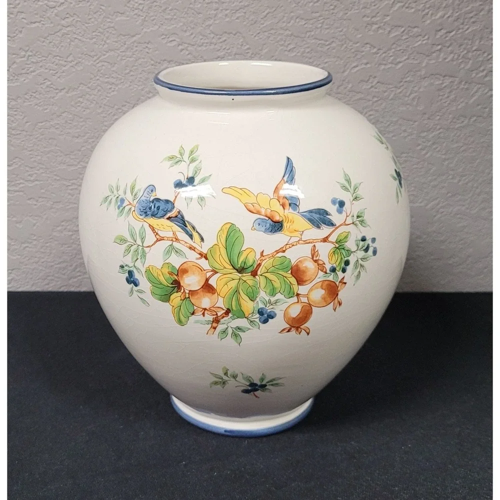 VTG 1980s Hand Painted Ceramic Bird Vase Large Heavy Earthenware Fruit Ovoid 8